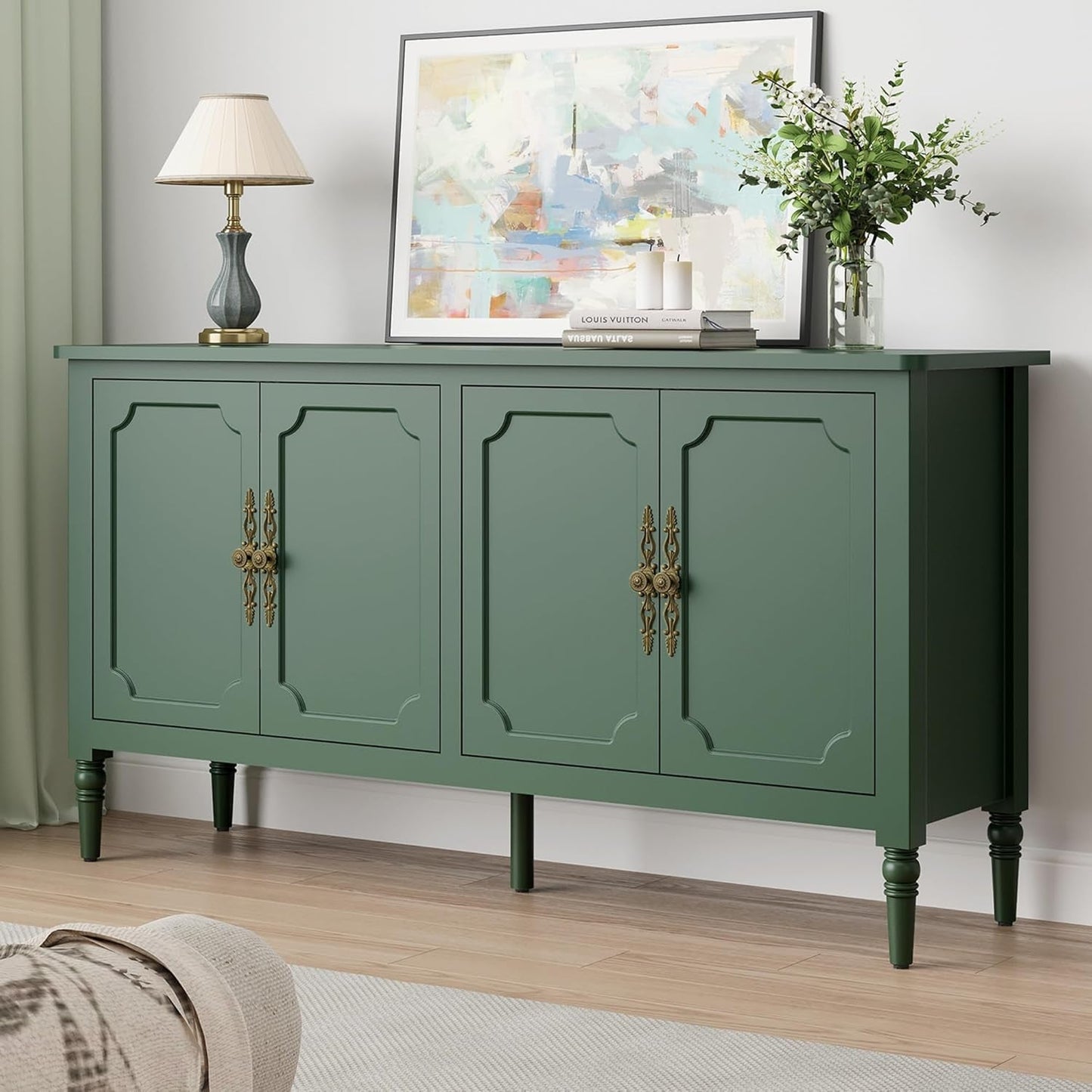 Forest Green Buffet Cabinet With Adjustable Shelves