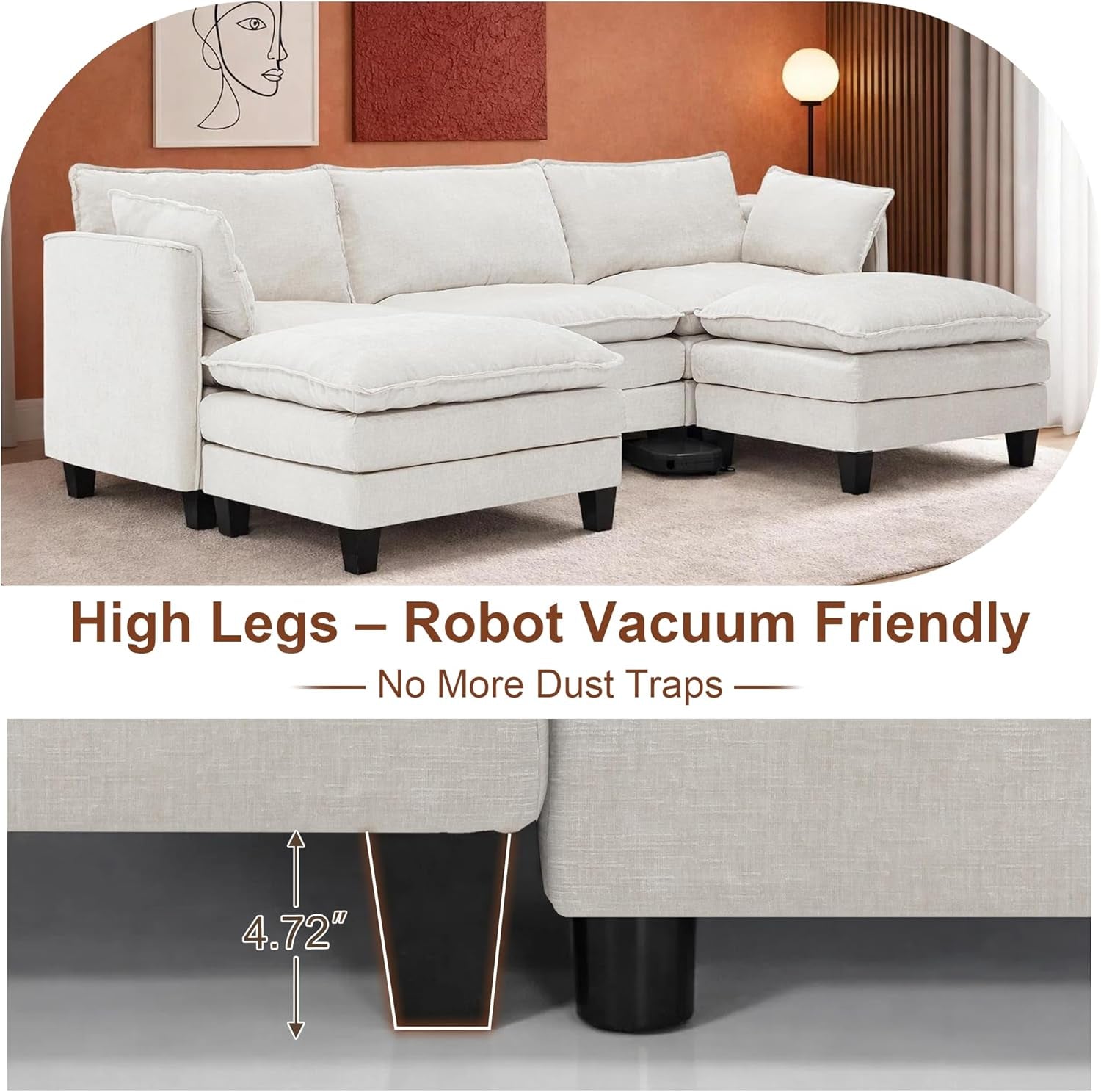 111Inch Modular Sectional Sofa Beige Upholstered Cushions-2