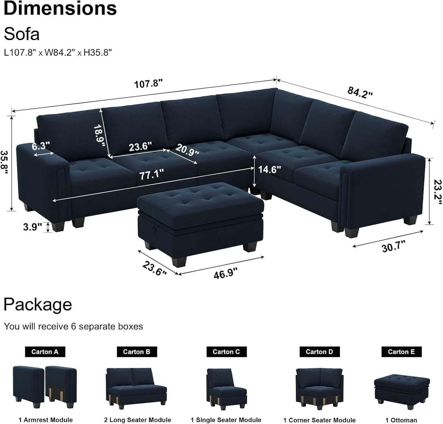 Velvet L Shaped Sofa Reversible Chaise Storage Ottoman Blue
