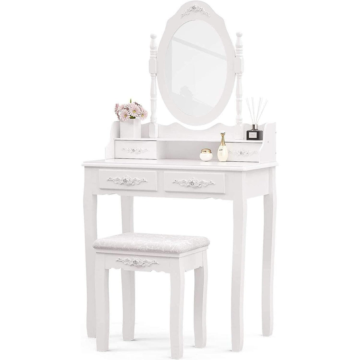White Vanity Table Set With 360 Degree Rotating Mirror