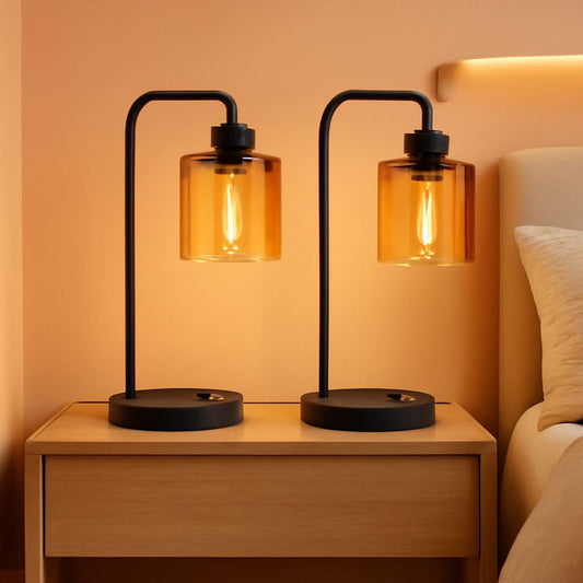Set of 2 Nightstand Lamps 3 Way Dimmable Touch With USB Ports Amber Glass Shade