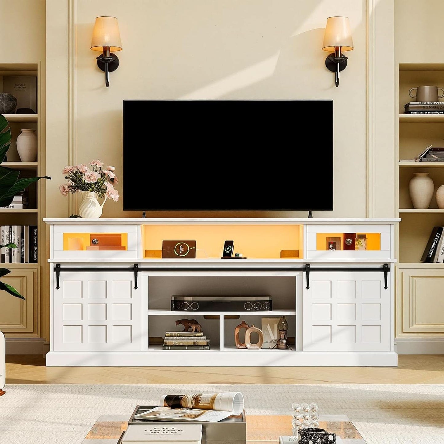 70Inch LED TV Stand Farmhouse White USB-Power Outlets