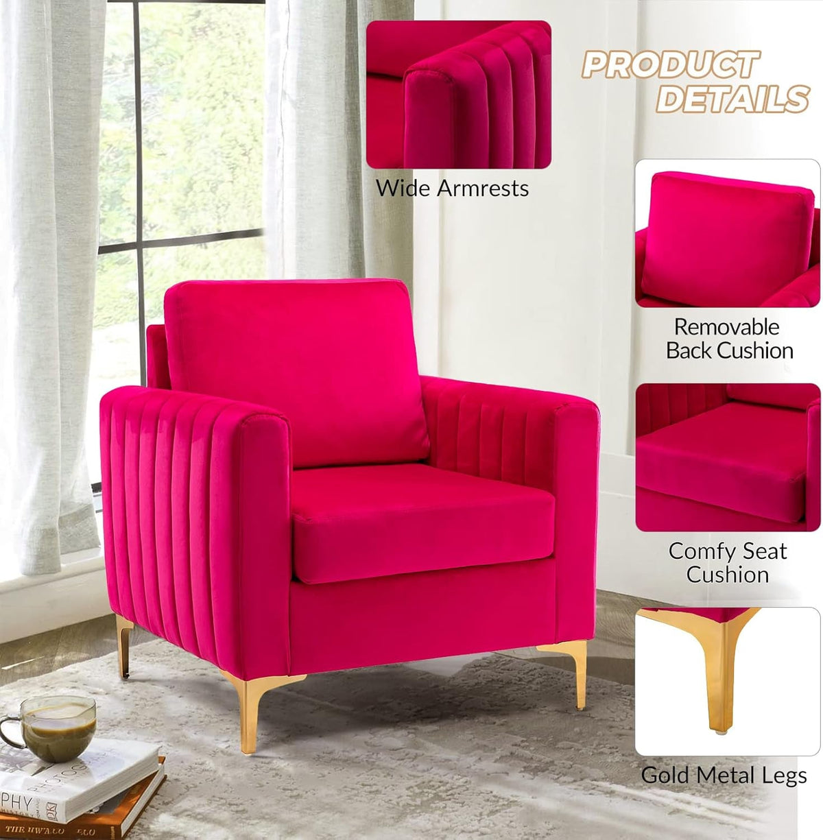 Fuchsia Velvet Upholstered Armchair With Gold Legs