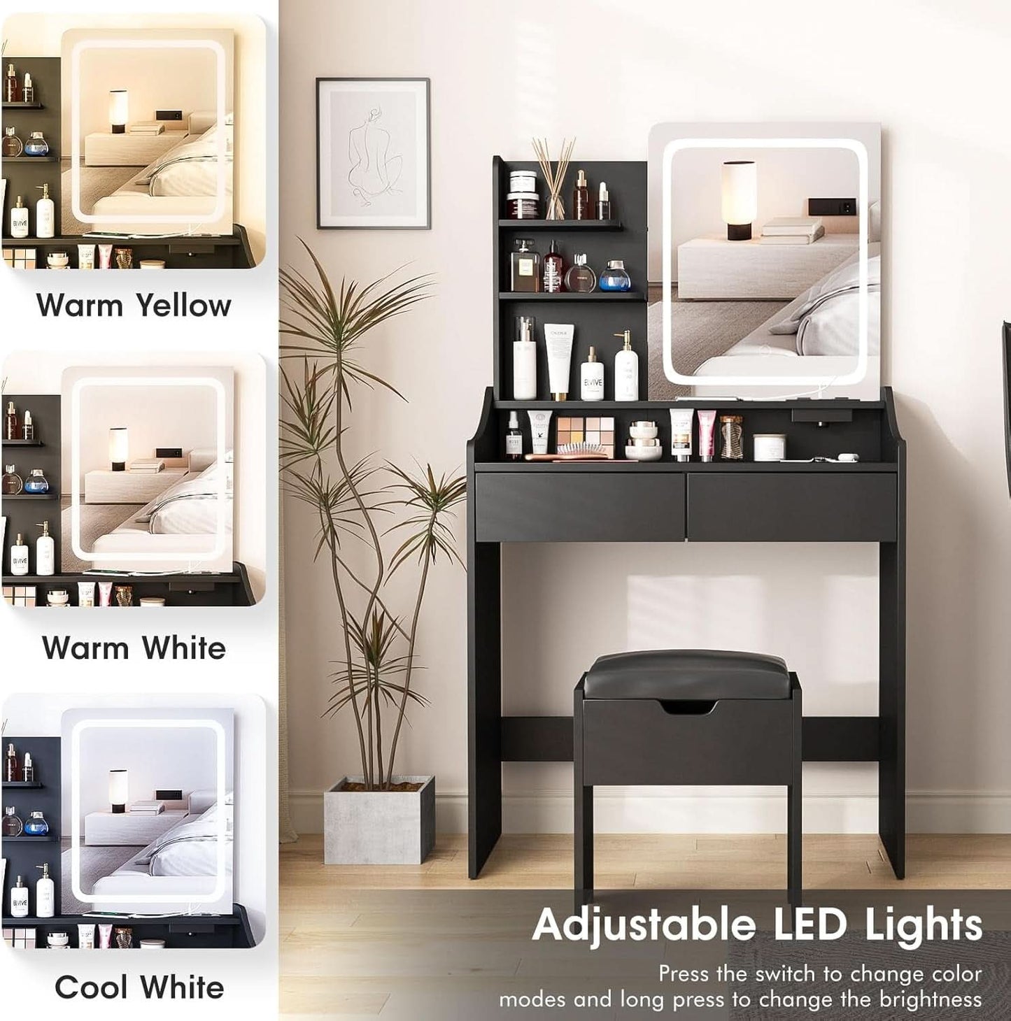 Charcoal Vanity Desk With LED Illuminated Mirror Storage