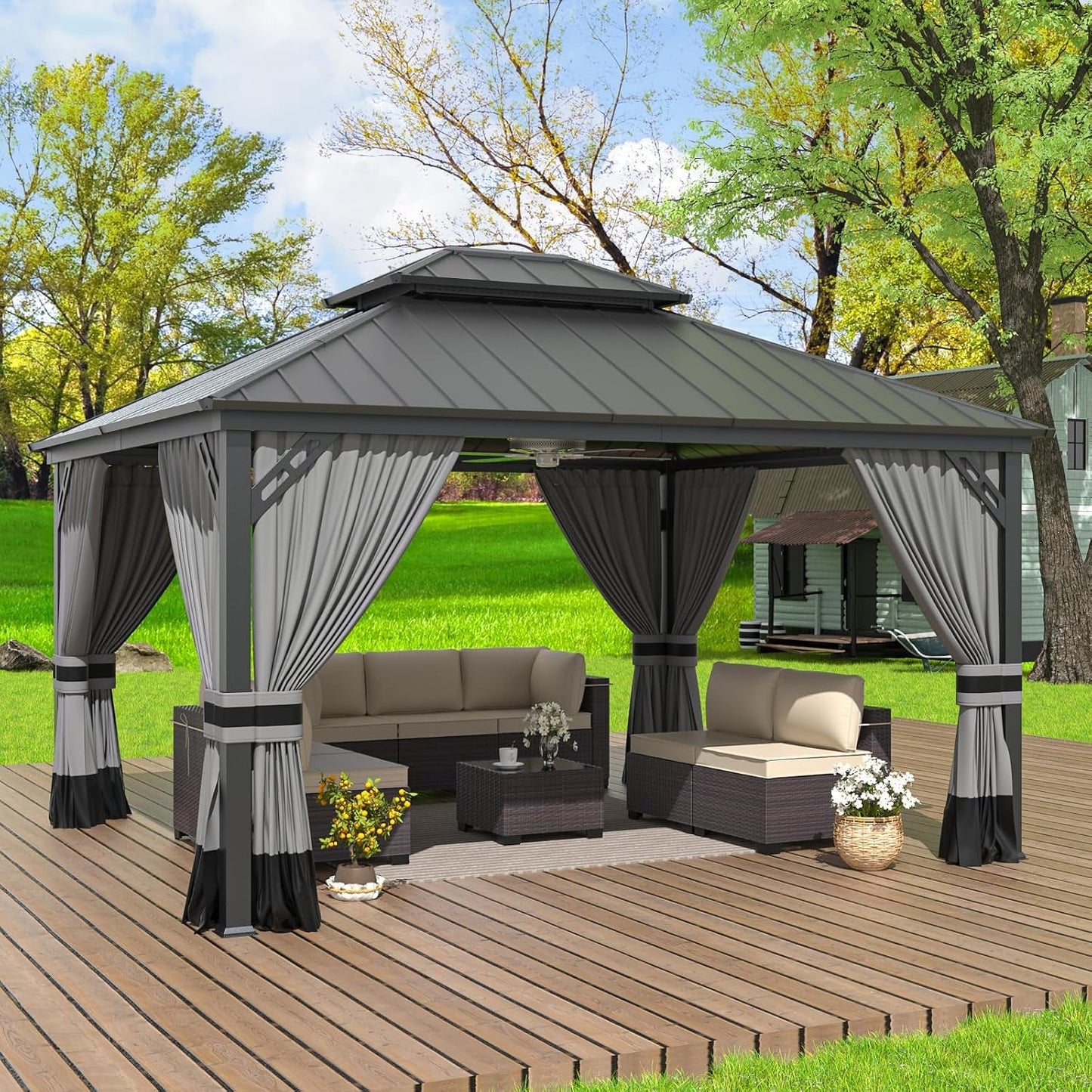 12x14 Gray Hardtop Gazebo Outdoor Weatherproof Netting
