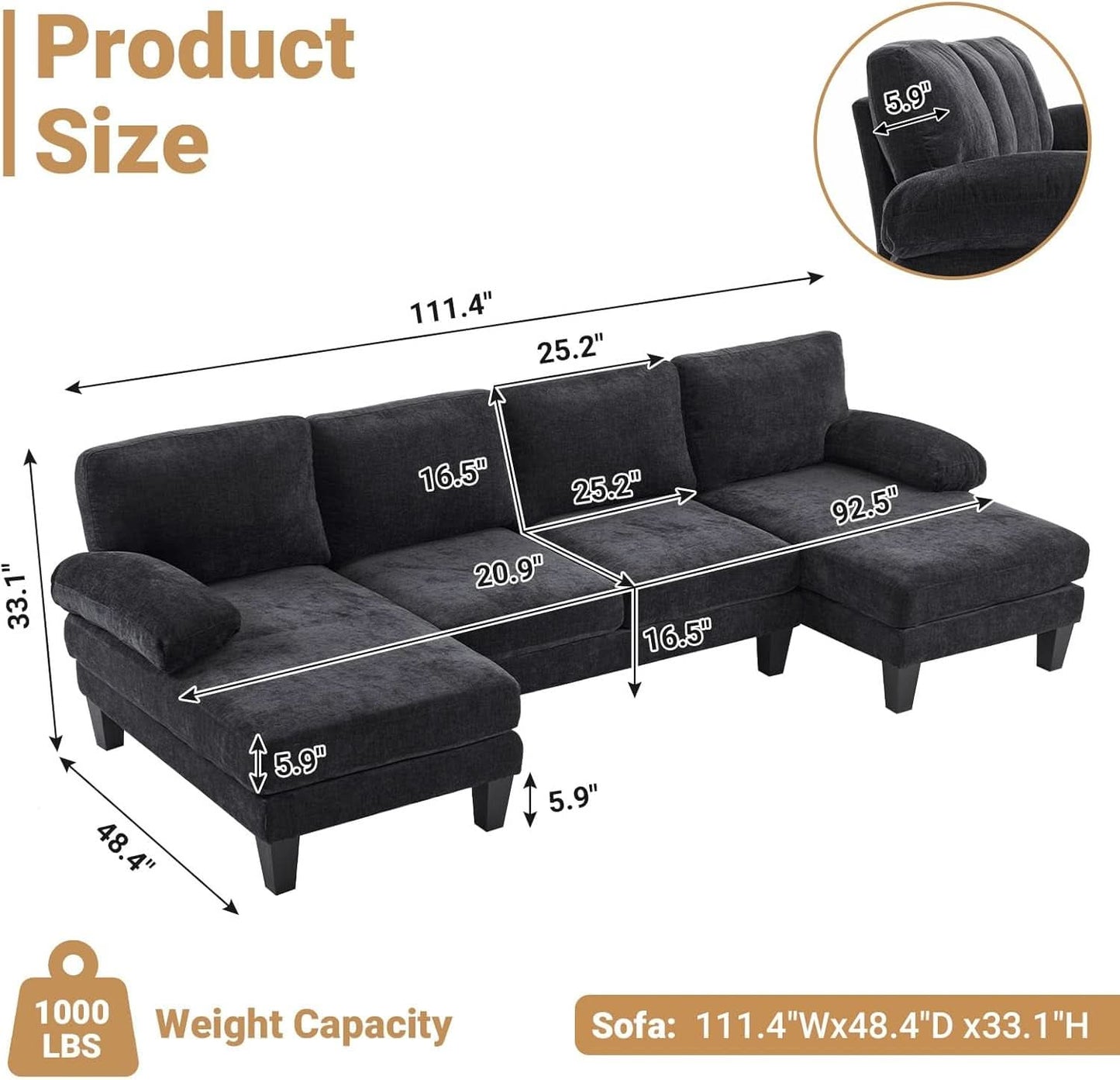 110 Inch U Shaped Sectional Couch For Living Room With Double Chaise In Chenille Fabric Black