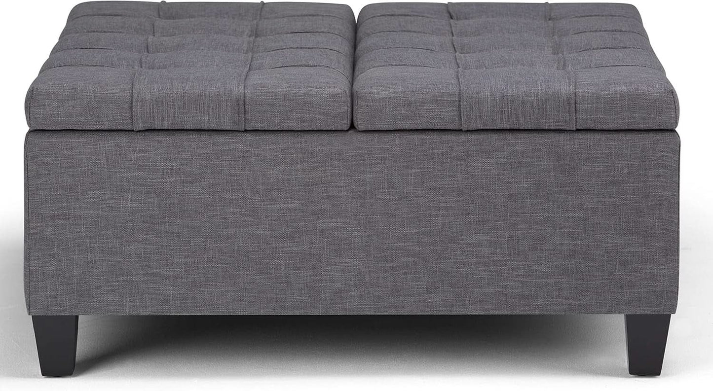 Slate Grey Linen Upholstered Lift Ottoman StorageCompartment