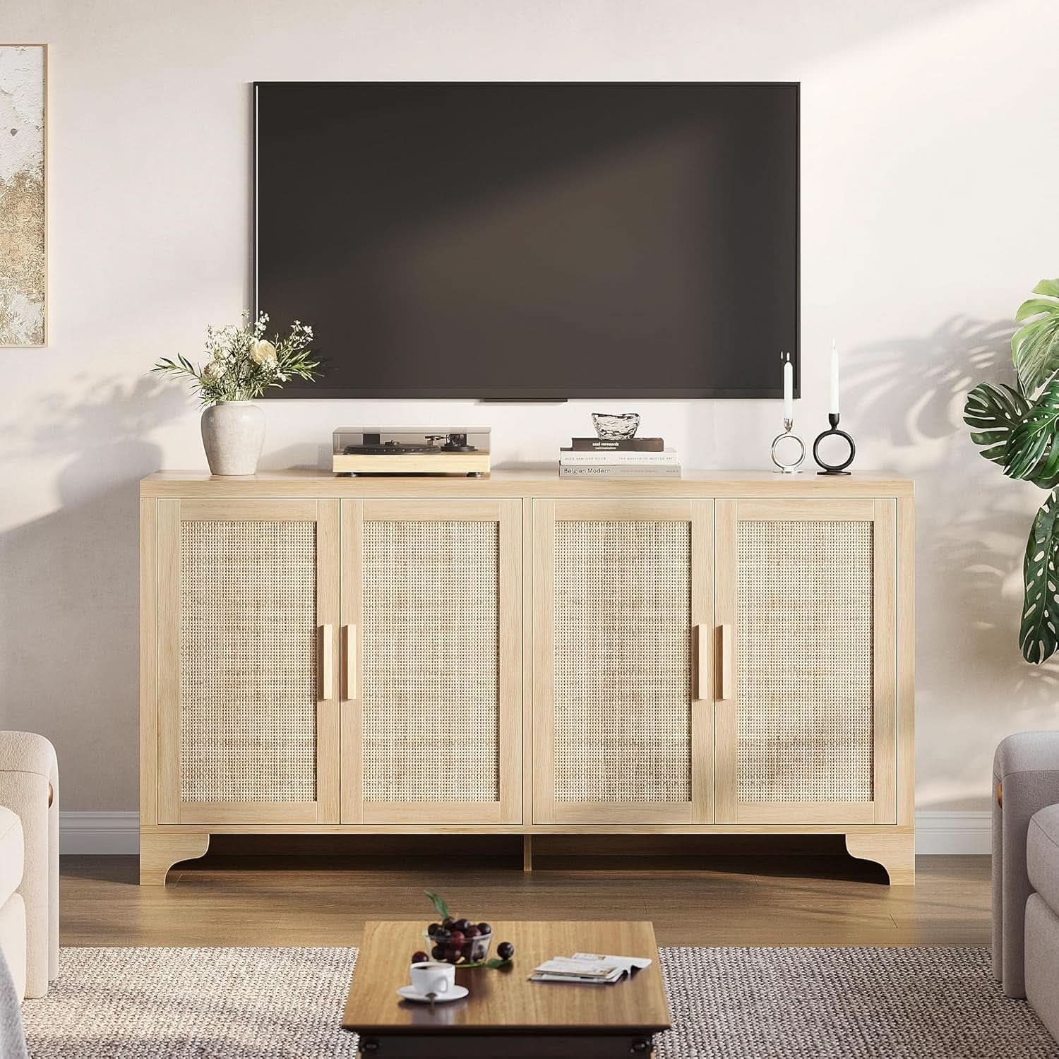 Natural Rattan Four Door Sideboard Cabinet Engineered Wood-2
