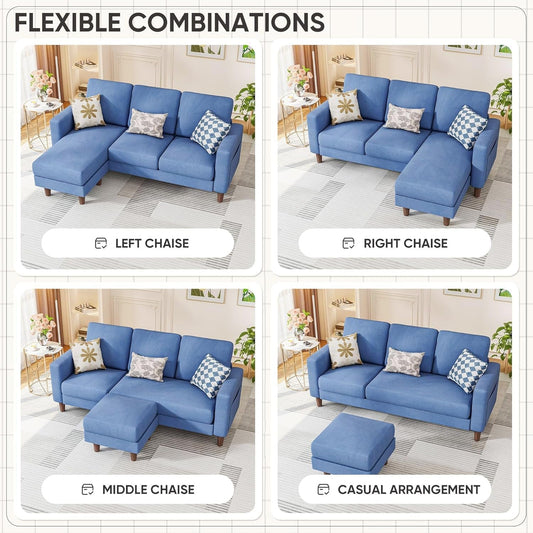 Blue Upholstered L Shaped Movable Sectional Couch Ottoman