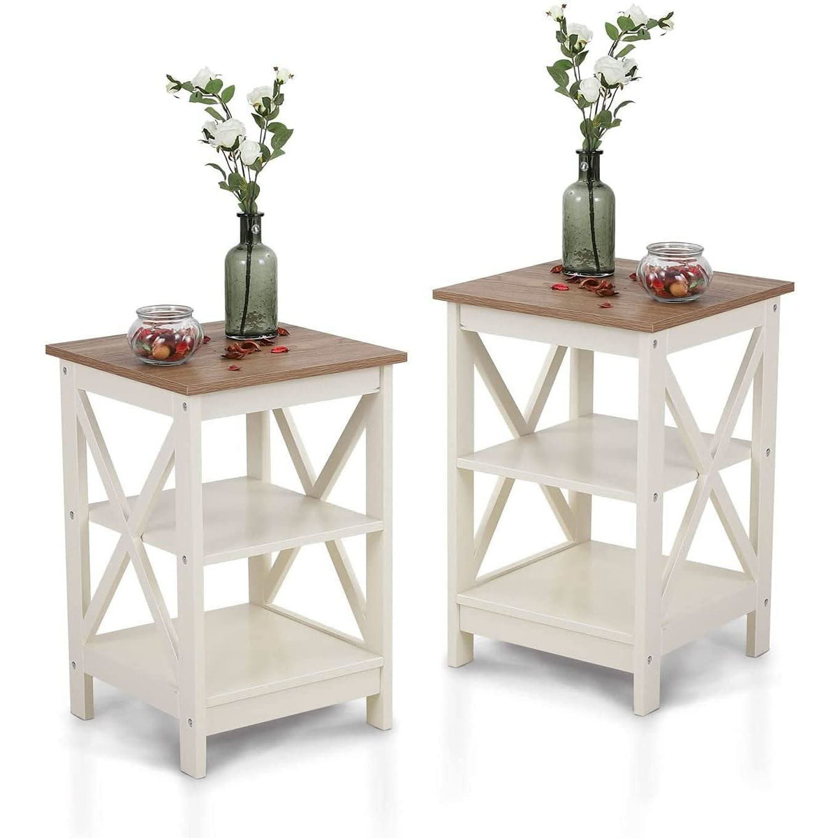 Rustic Ivory End Table Set Of 2 With Shelves 23.6 Inch