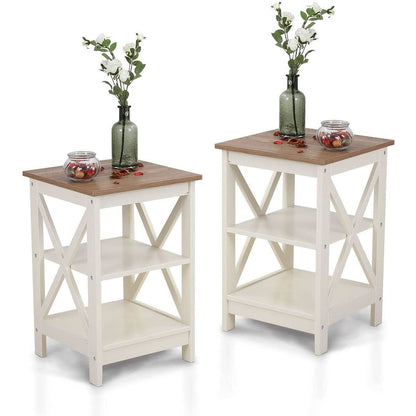 Rustic Ivory End Table Set Of 2 With Shelves 23.6 Inch