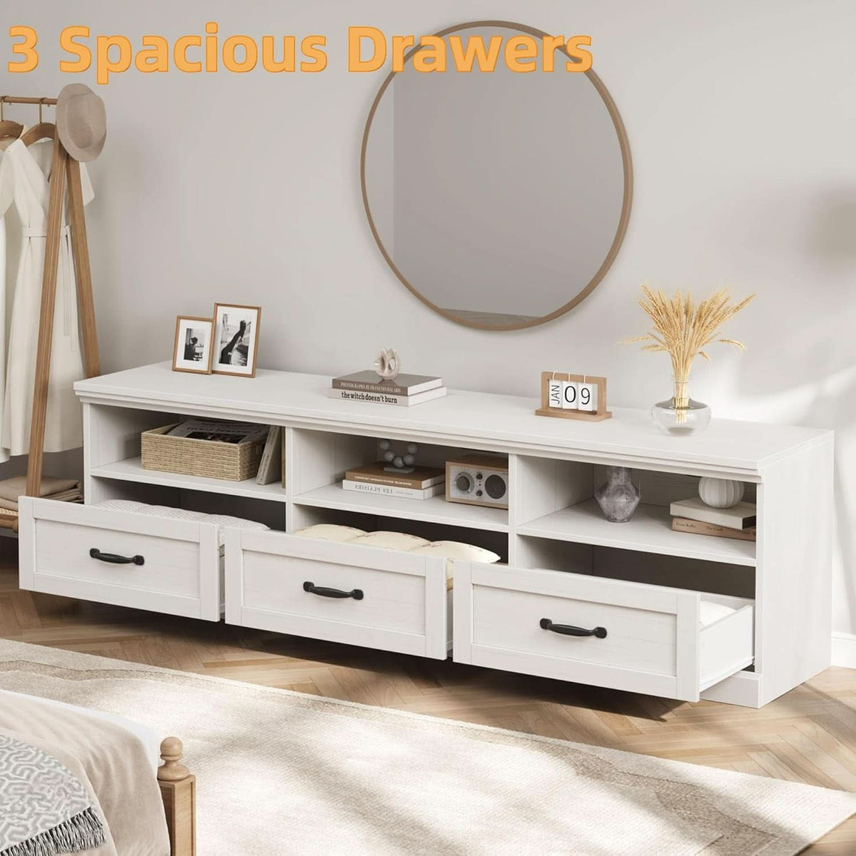 70 Inch TV Stand Antique White Entertainment Center