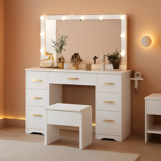 White Vanity Desk With Illuminated Mirror Lighting