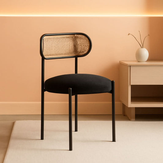 Set Of 4 Dining Chairs Mid Century Modern Rattan Back Upholstered Sherpa Black