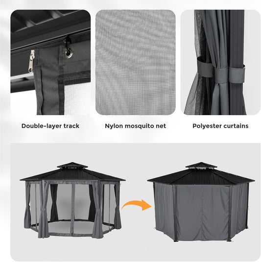 13x15 Ft Gray Hardtop Aluminum Gazebo OutdoorPatio