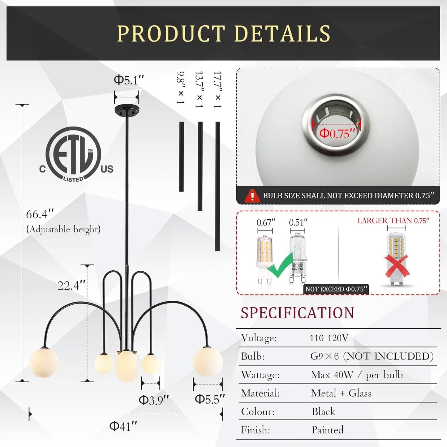 Contemporary Black Six Light Sputnik Ceiling Chandelier
