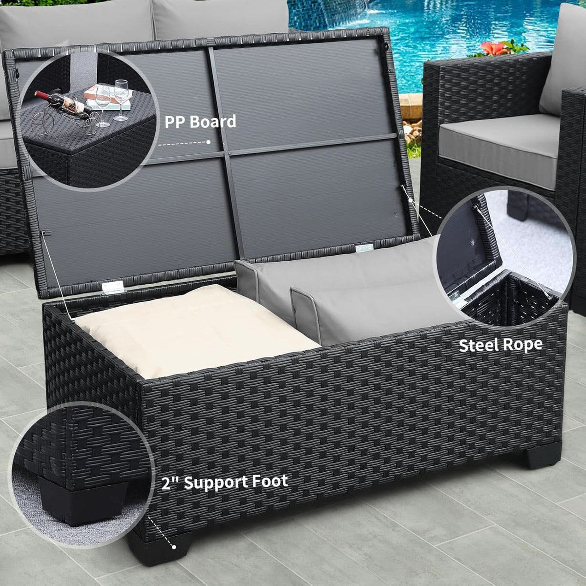 Six Piece Outdoor Wicker Furniture Set With Grey Cushions-4