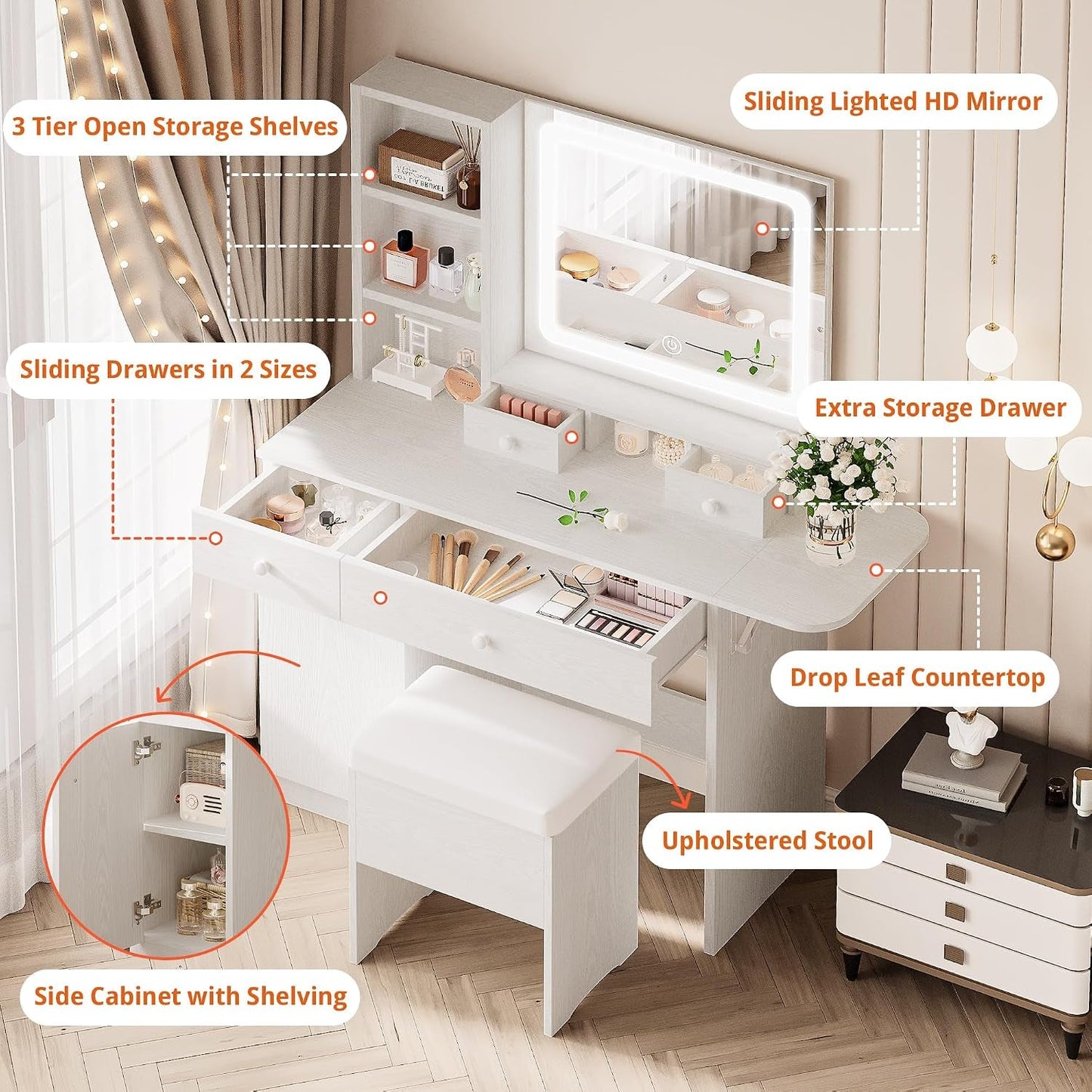White Vanity Desk Illuminated Mirror Storage Cabinet-1
