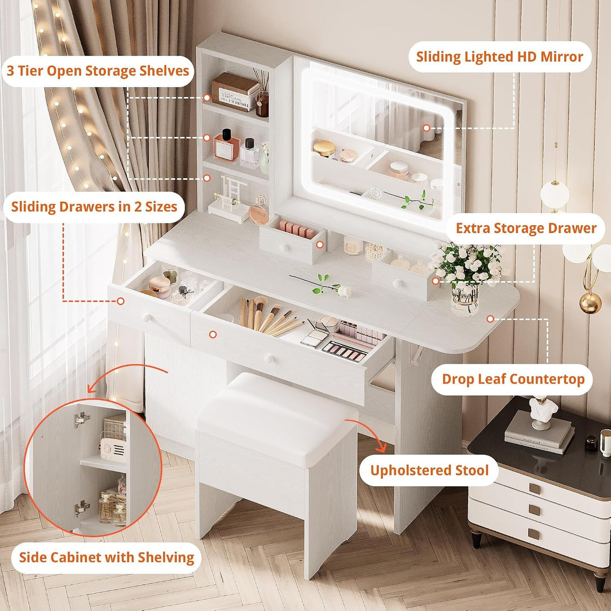 White Vanity Desk Illuminated Mirror Storage Cabinet-1
