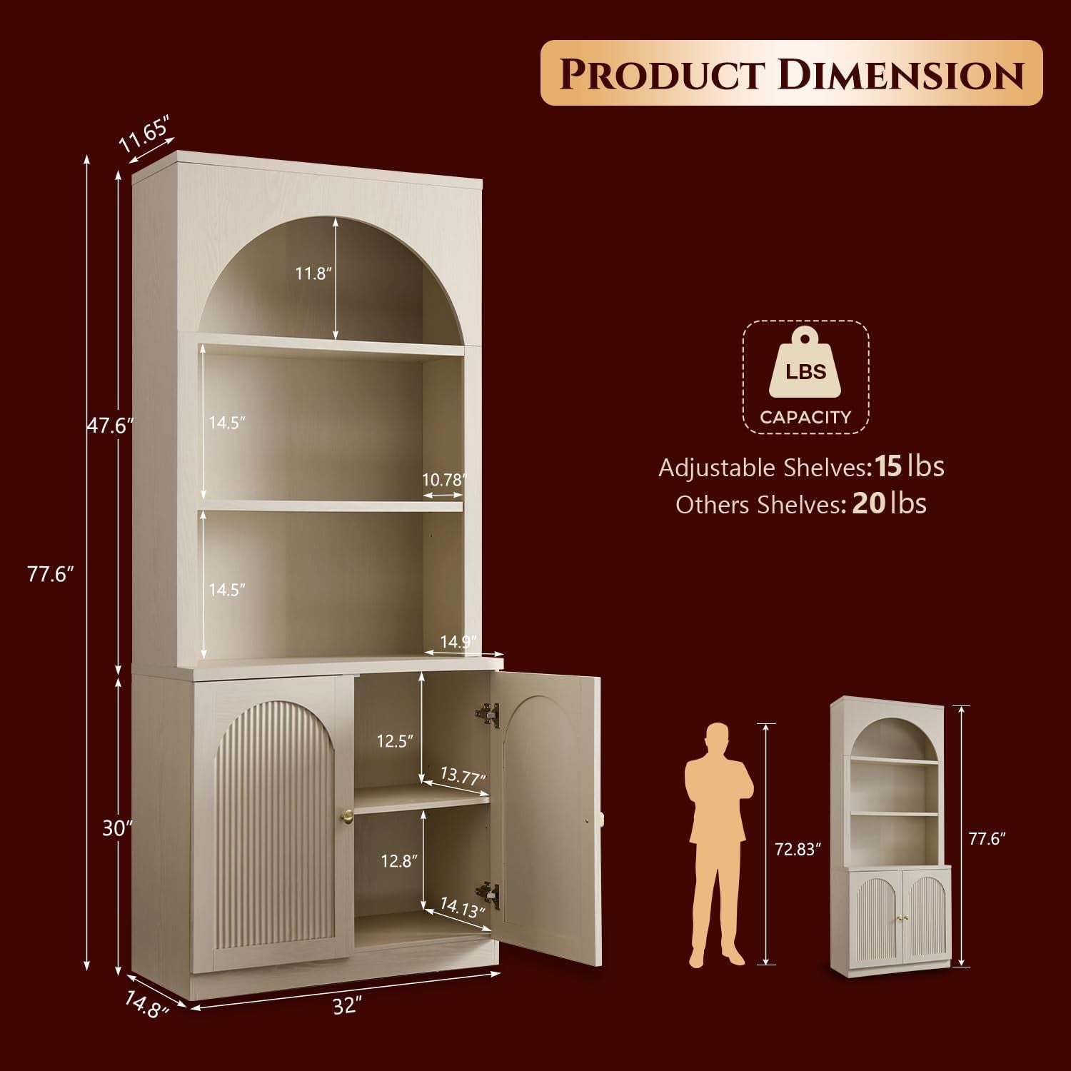 Cream Arched Fluted Bookcase With Adjustable Shelving-1