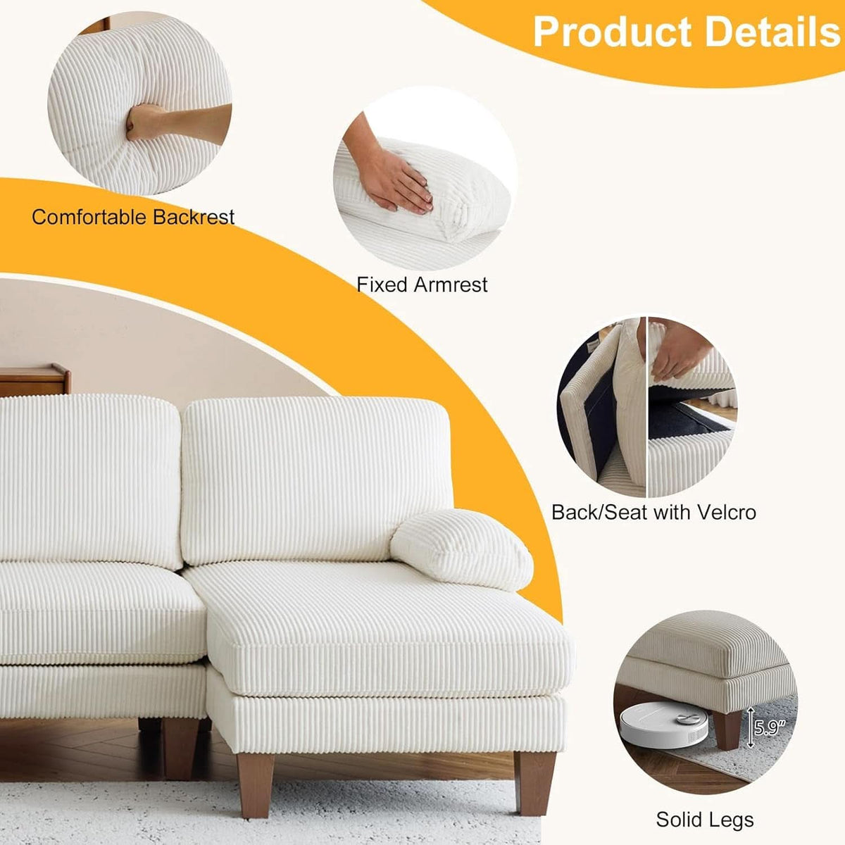 Beige 111 Inch U Shape Corduroy Sectional Sofa With Chaises-4