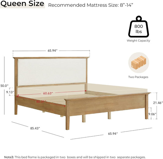 Queen Size Natural Boucle Upholstered Platform Bed