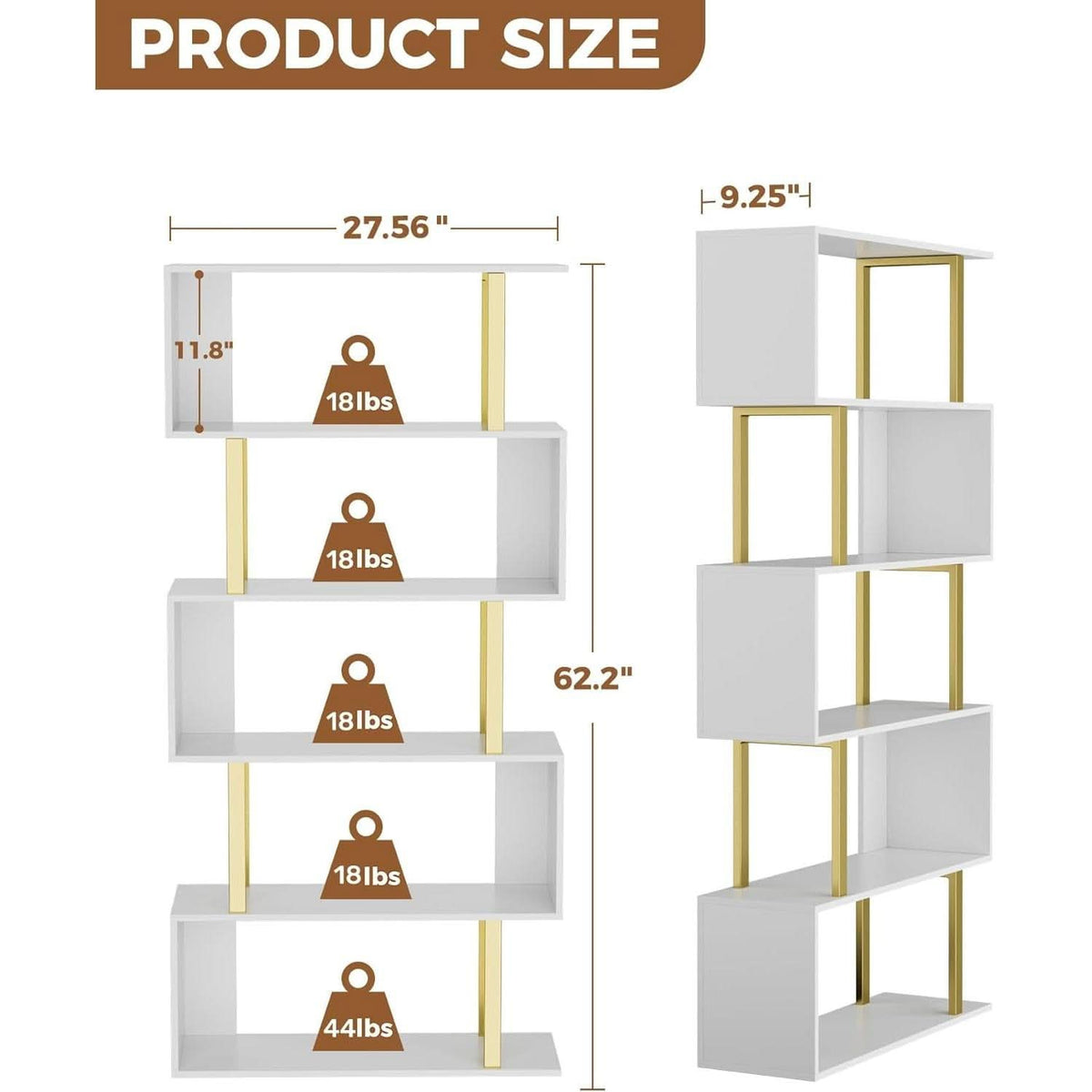 Gold 5 Tier S Shaped Wooden Bookcase For Living Room-2