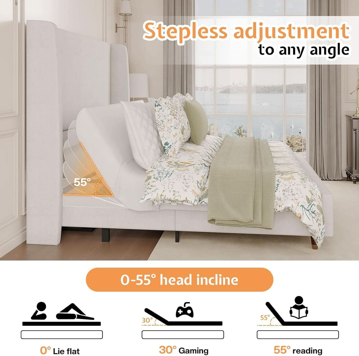 Full Size White Wing back Upholstered Head board Bed
