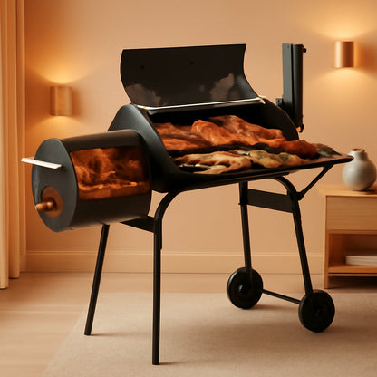 Charcoal Grill Featuring Offset Smoker And Thermometer