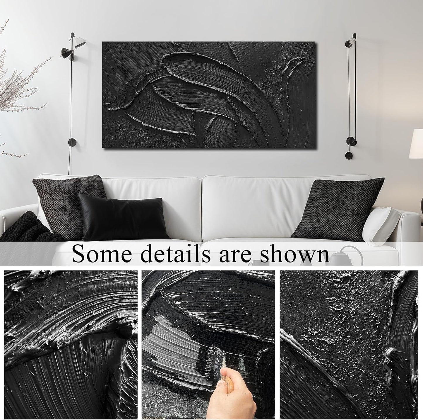 Midnight Black Handcrafted Abstract Canvas Painting 20x40