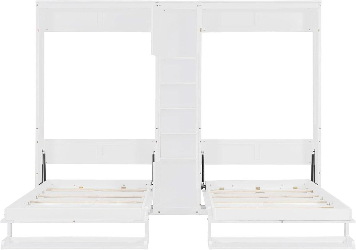 White Twin Murphy Bed With Contemporary Storage Cabinets-3