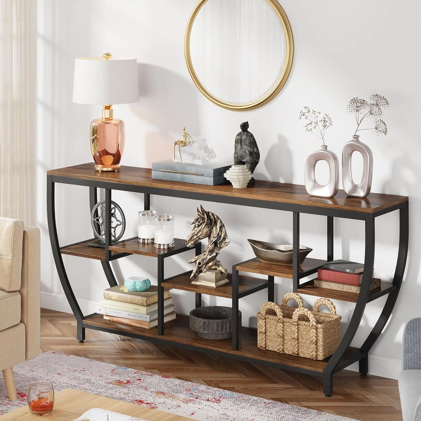 70.9 Inch Rustic Industrial Sofa Table Storage Shelves