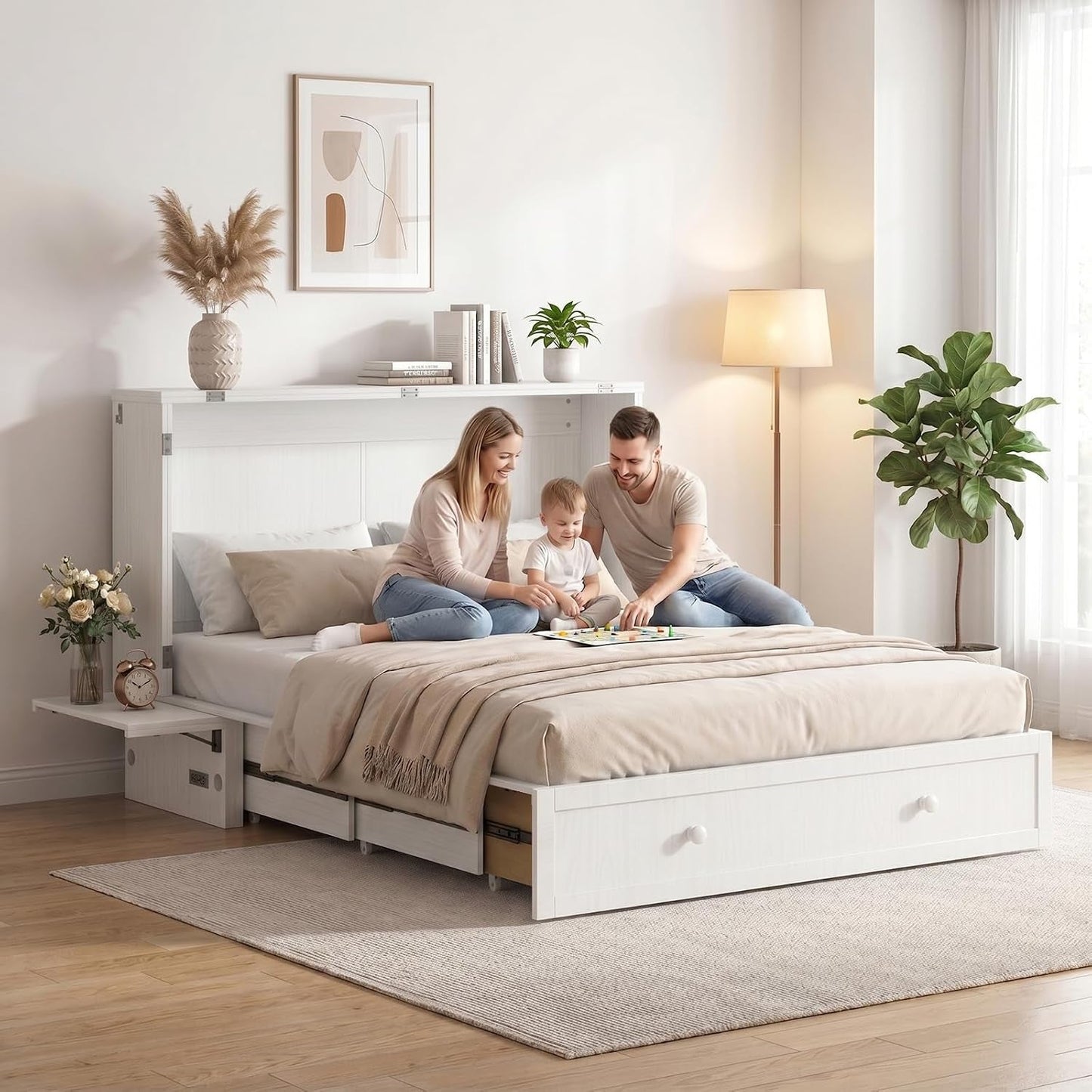 White Queen Murphy Bed Cabinet With USB Charging Module