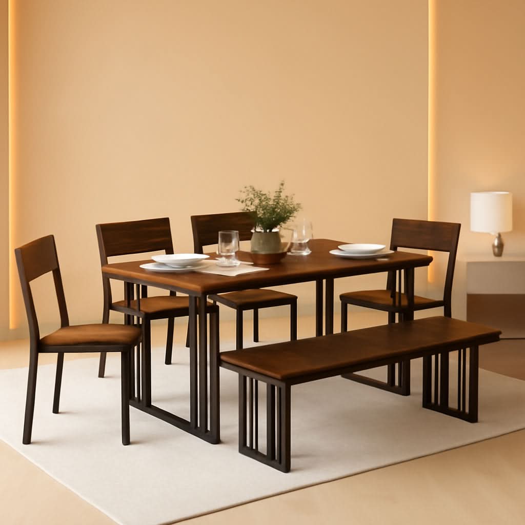 63 Inches Luxurious Farmhouse Dining Table Set Walnut