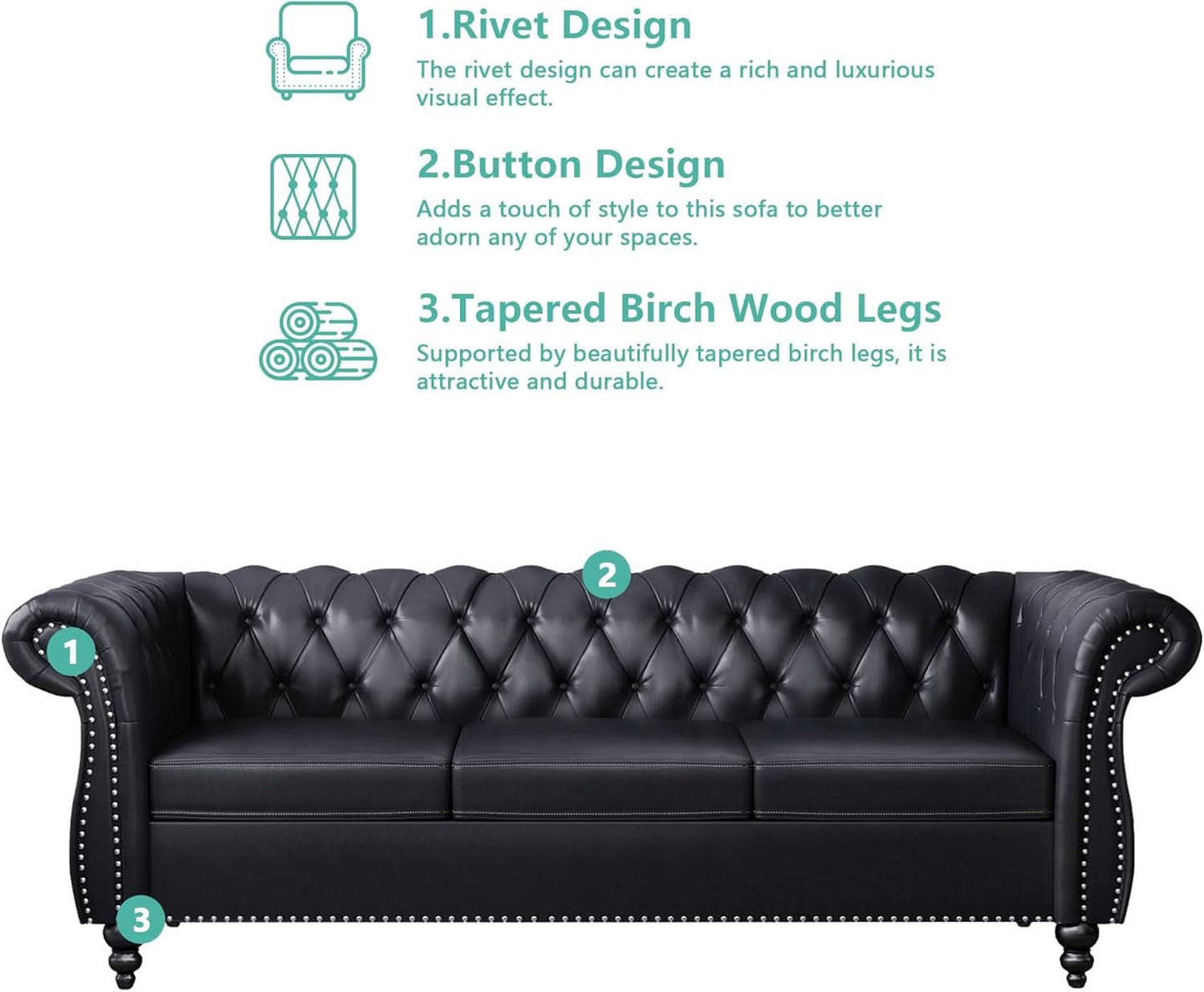 3 Piece Living Room Set Sectional Chesterfield Sofa Chair Artificial Leather Black-2