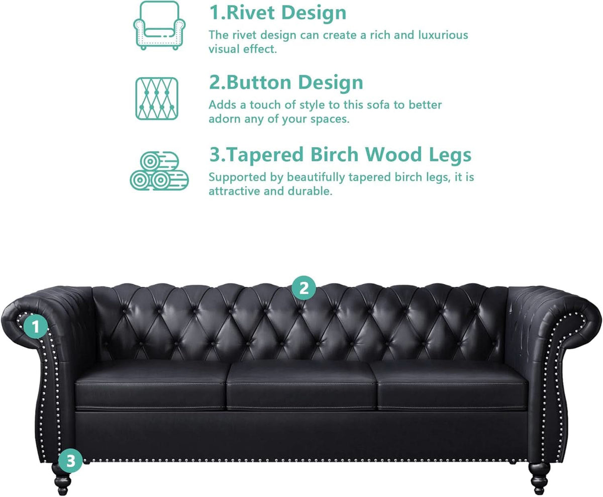 3 Piece Living Room Set Sectional Chesterfield Sofa Chair Artificial Leather Black-2