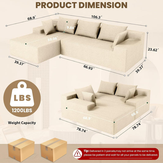 107 Inches Cloudlike Sectional Sofa Left Chaise Beige