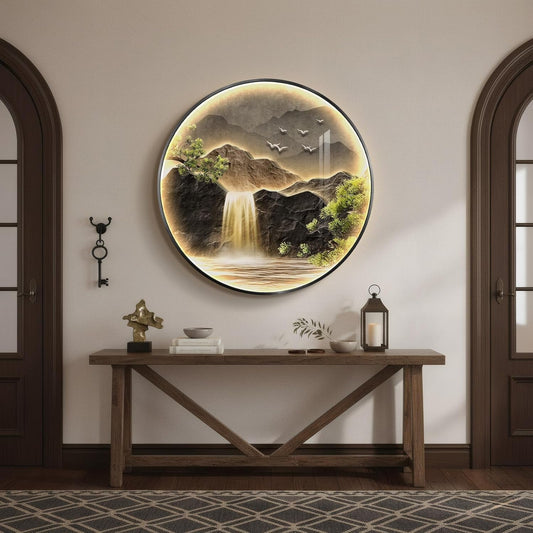 Illuminated Mountain Waterfall Wall Art 30x30 Inch