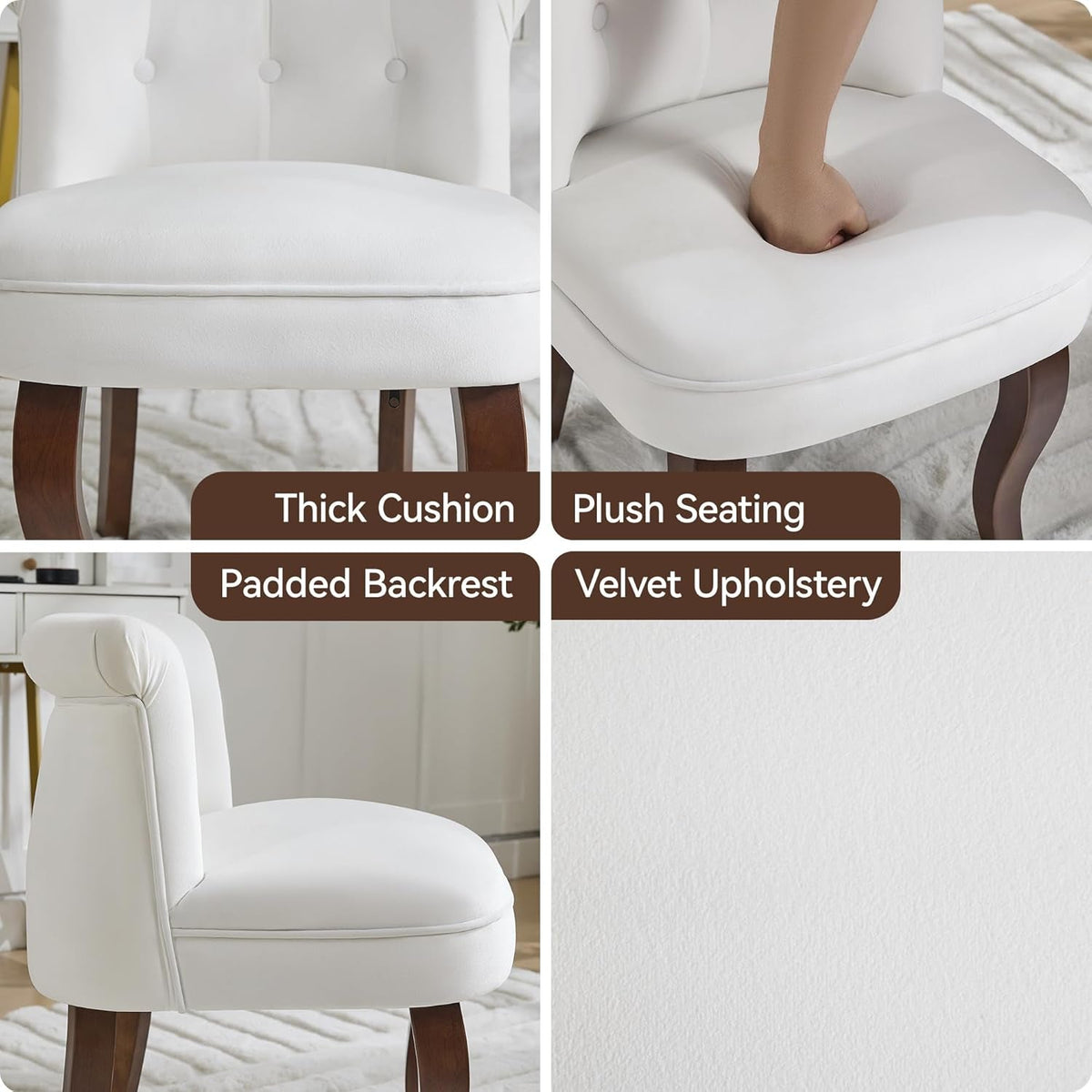 Elegant White Velvet Upholstered Tufted Vanity Chair