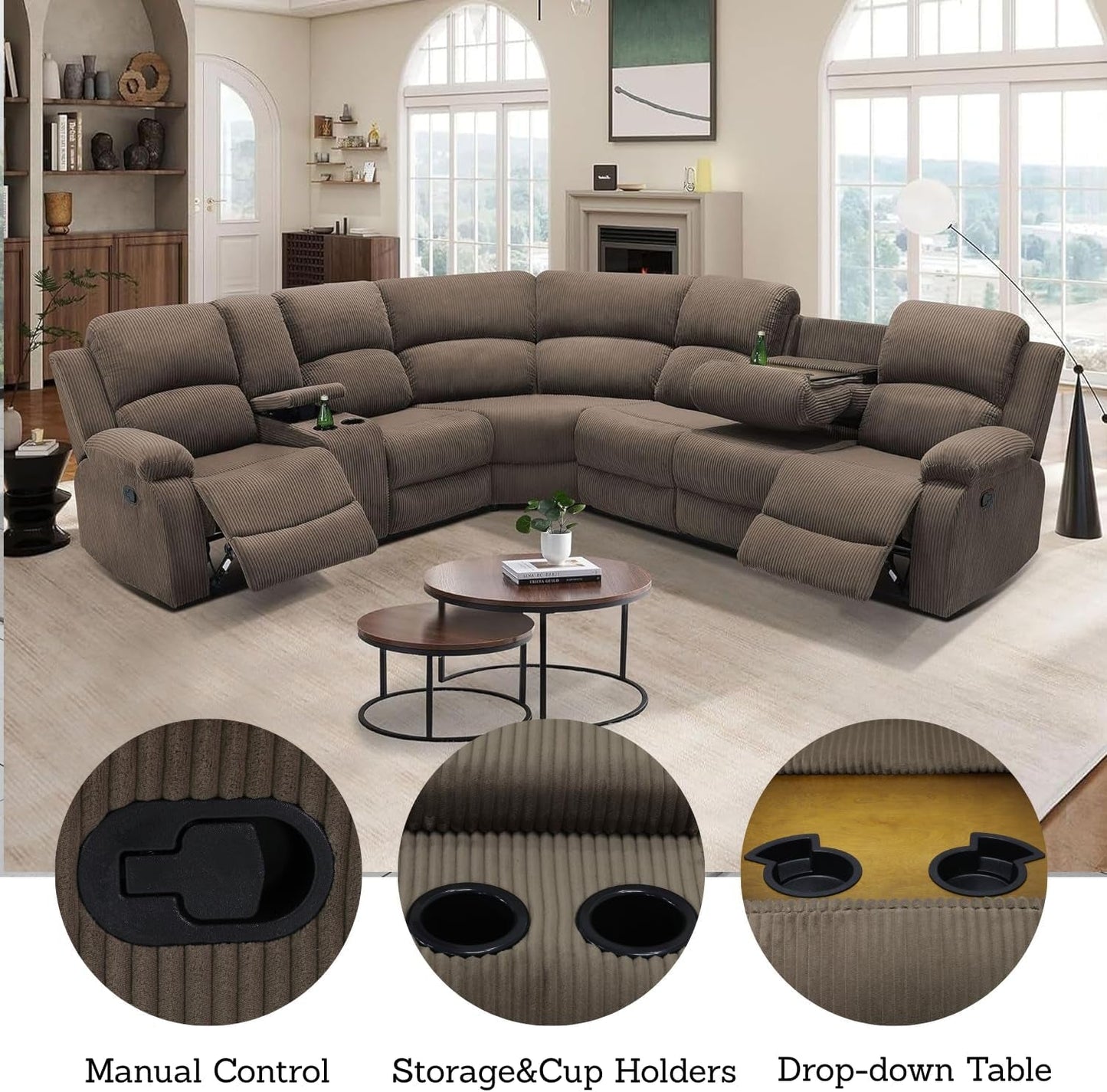 Comfortable Recliner Sectional Sofa Peanut Cup Holders