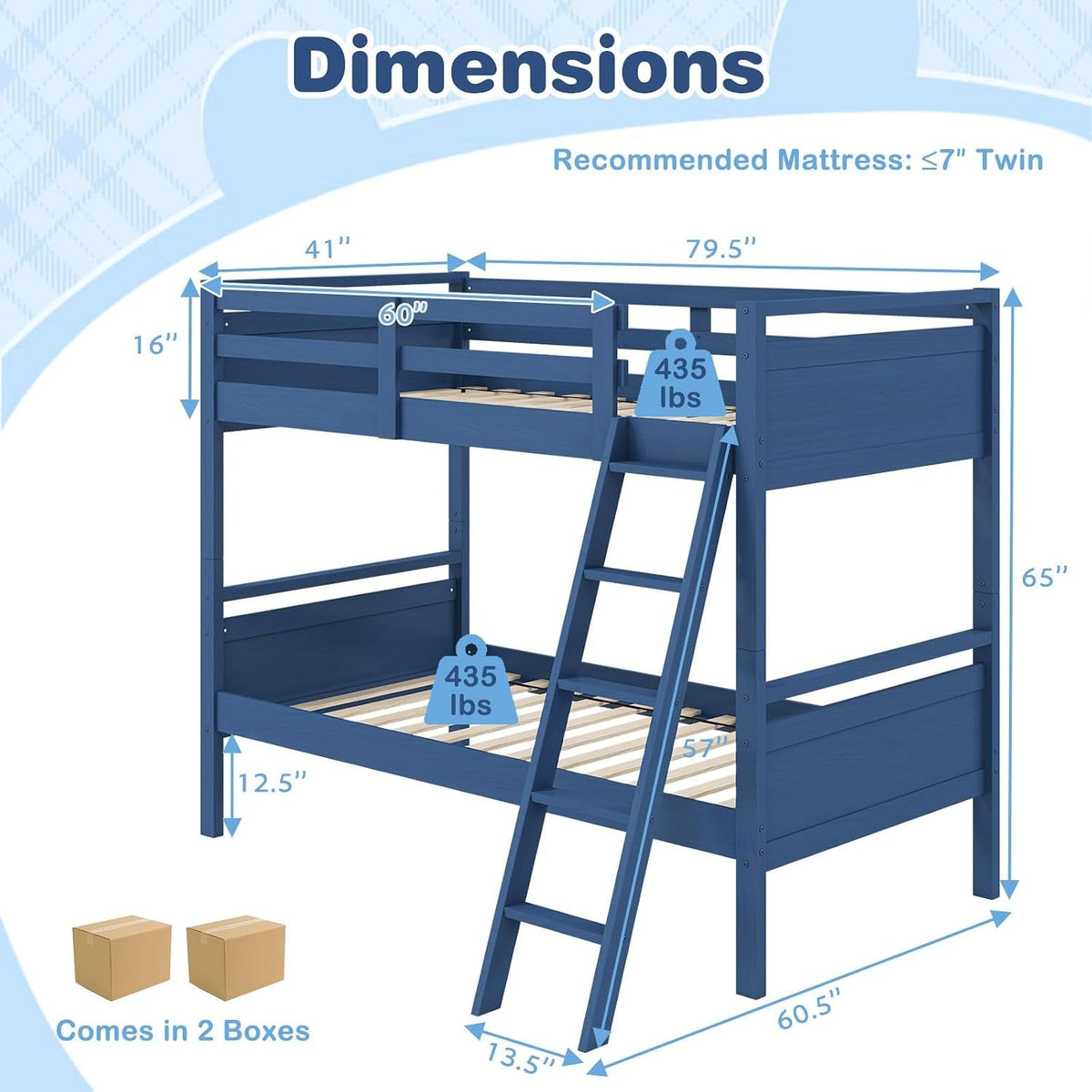 Navy Blue Convertible Twin Over Twin Bunk Bed For Kids
