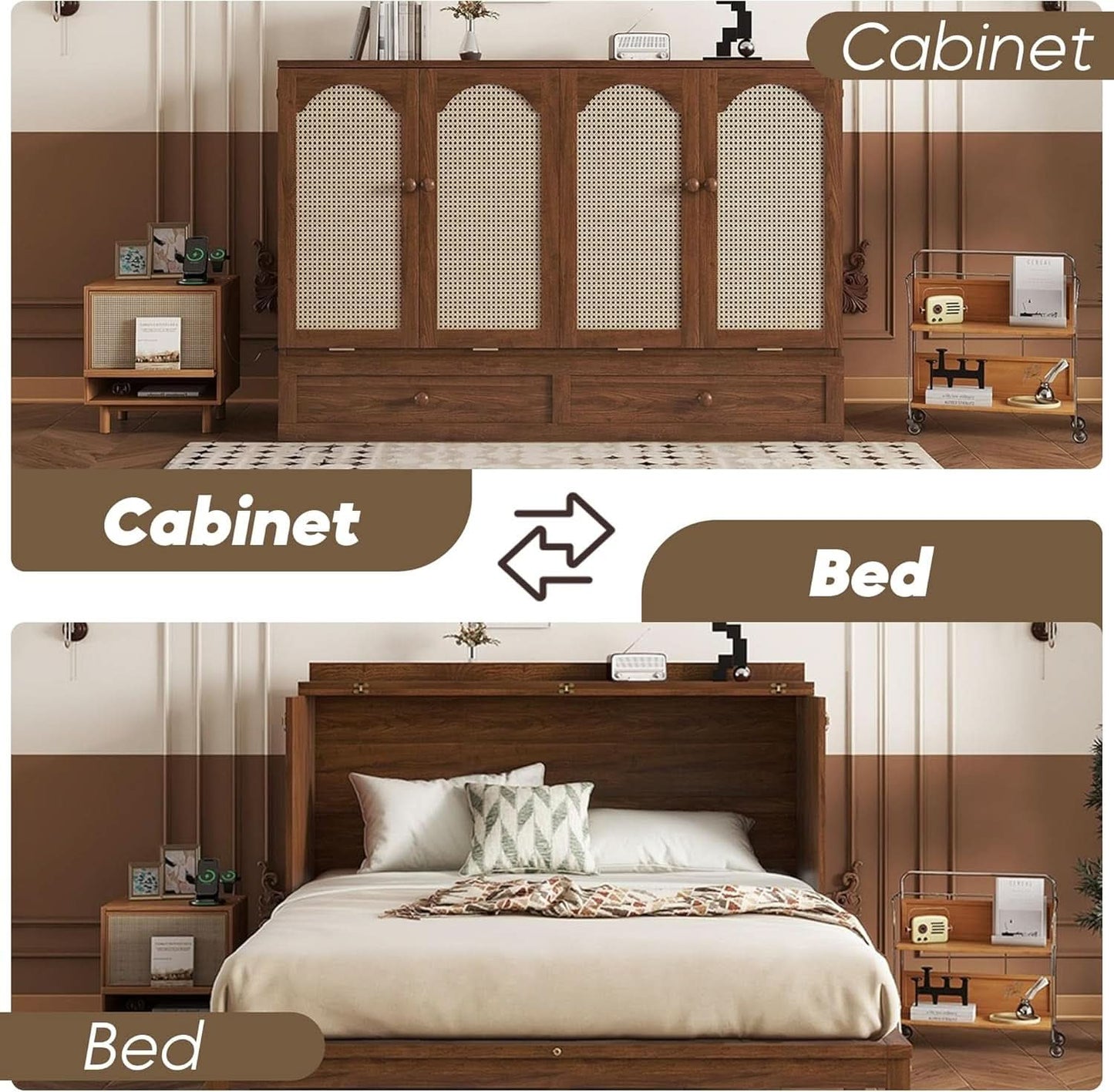 Queen Murphy Bed Cabinet Charging Station WalnutFinish-2