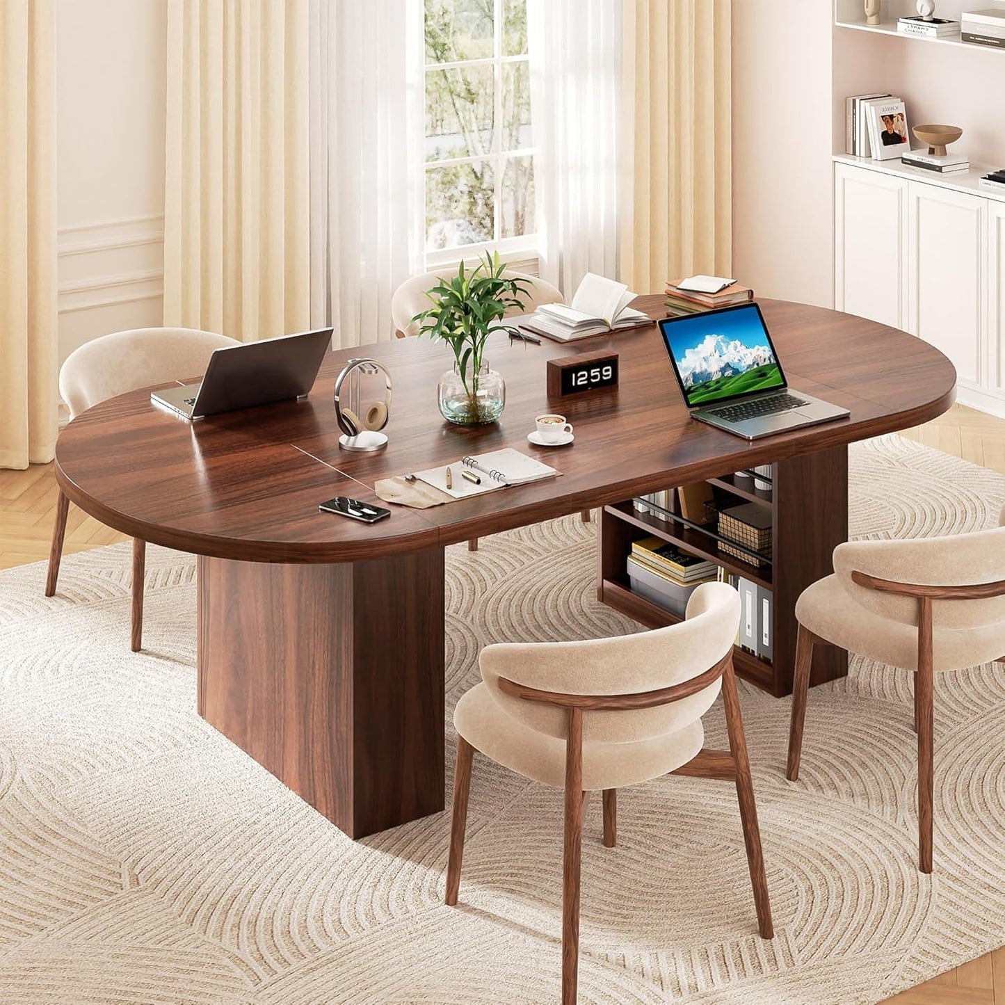 78.7 Inch Oval Walnut Dining Table Storage Shelf System