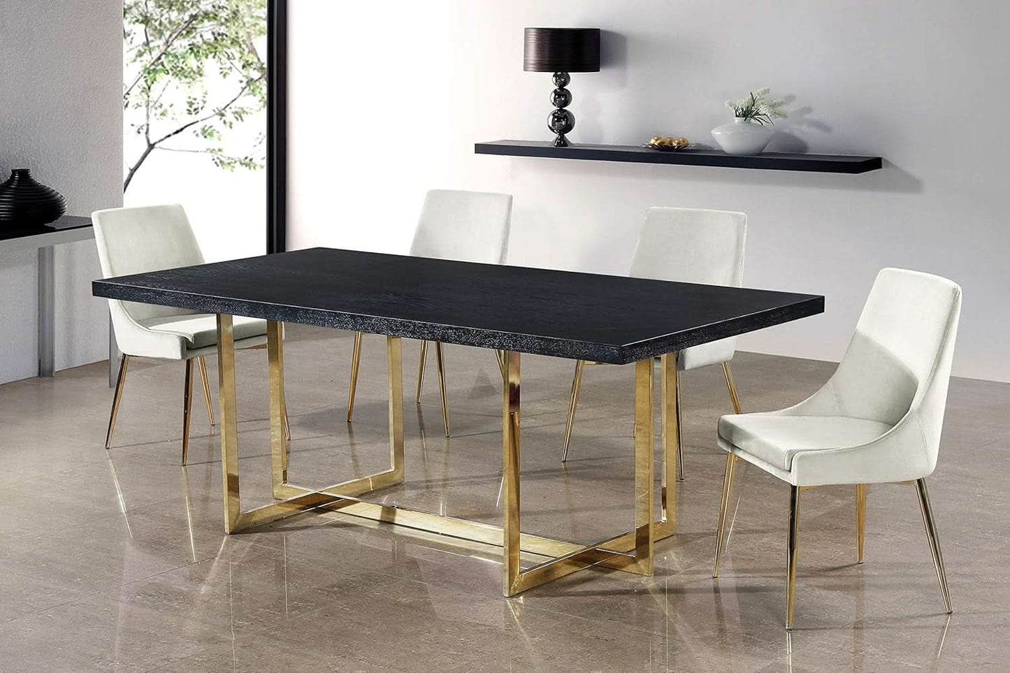 Cream Velvet Upholstered Dining Chair With Goldtone