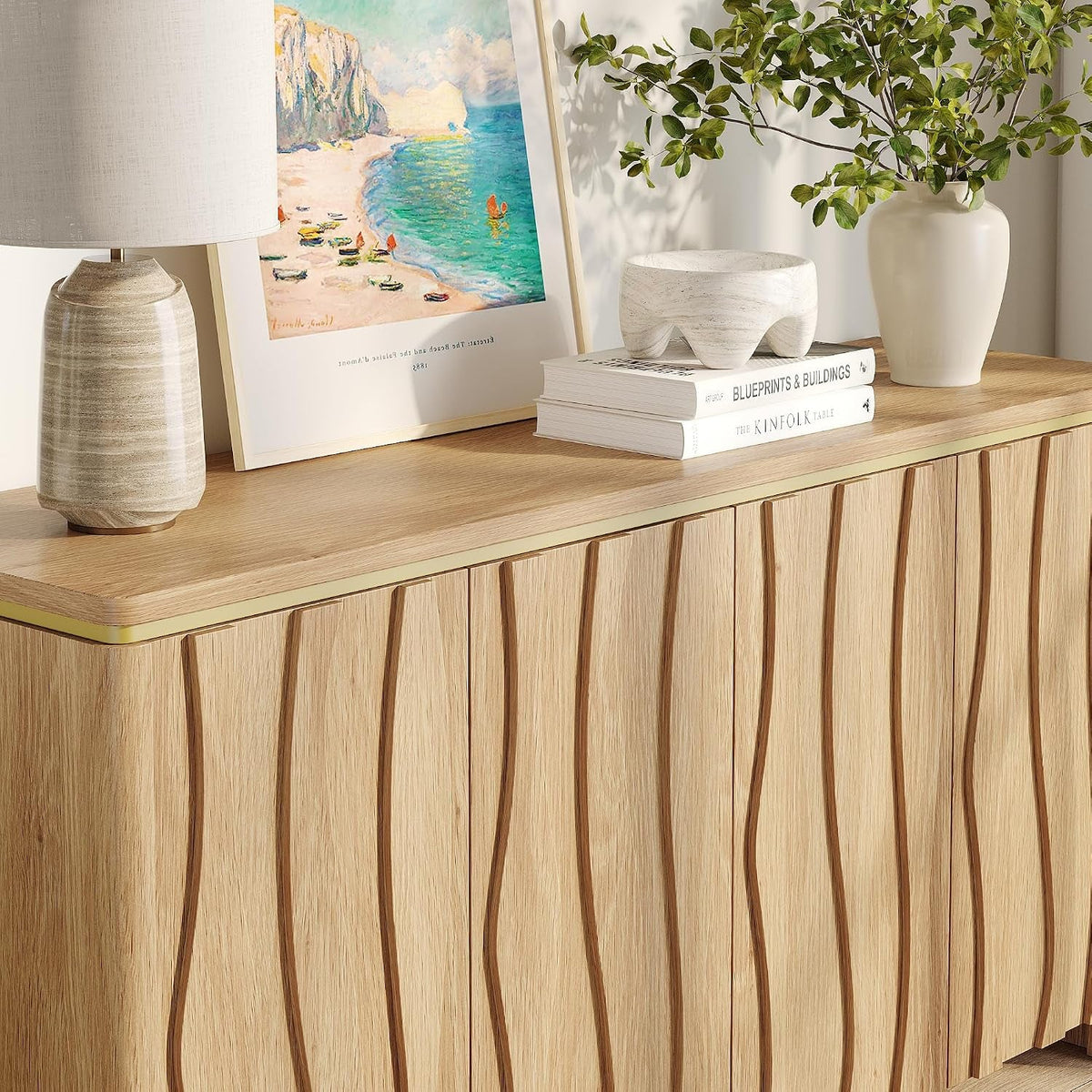 Natural Fluted Buffet Cabinet With Adjustable Shelves