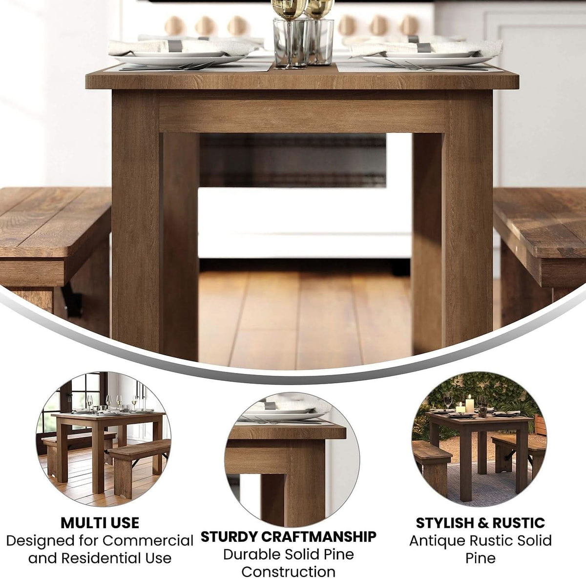 Hercules 46x30 Antique Rustic Solid Pine Farm Dining Table