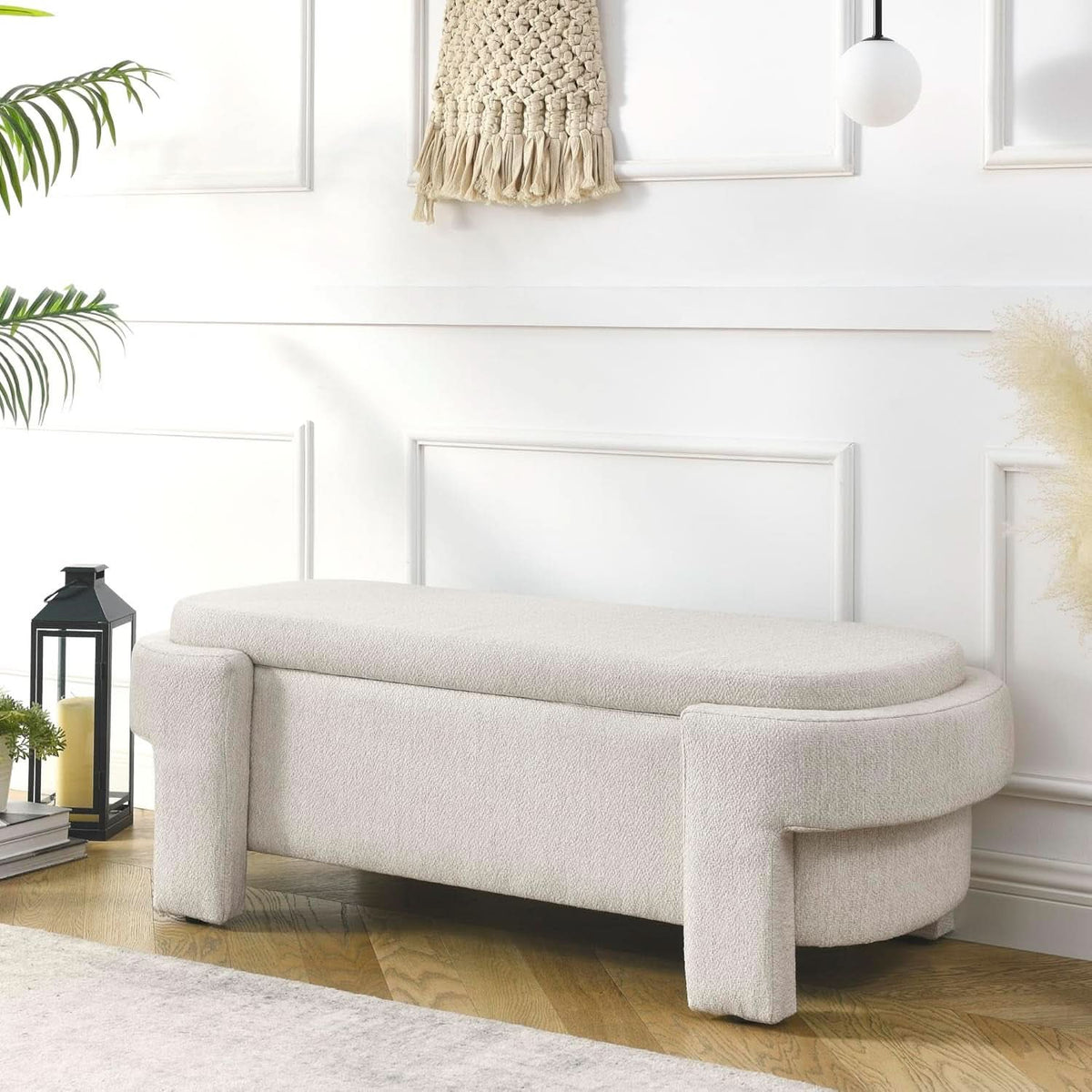 Beige Linen Upholstered Storage Ottoman With Hinges