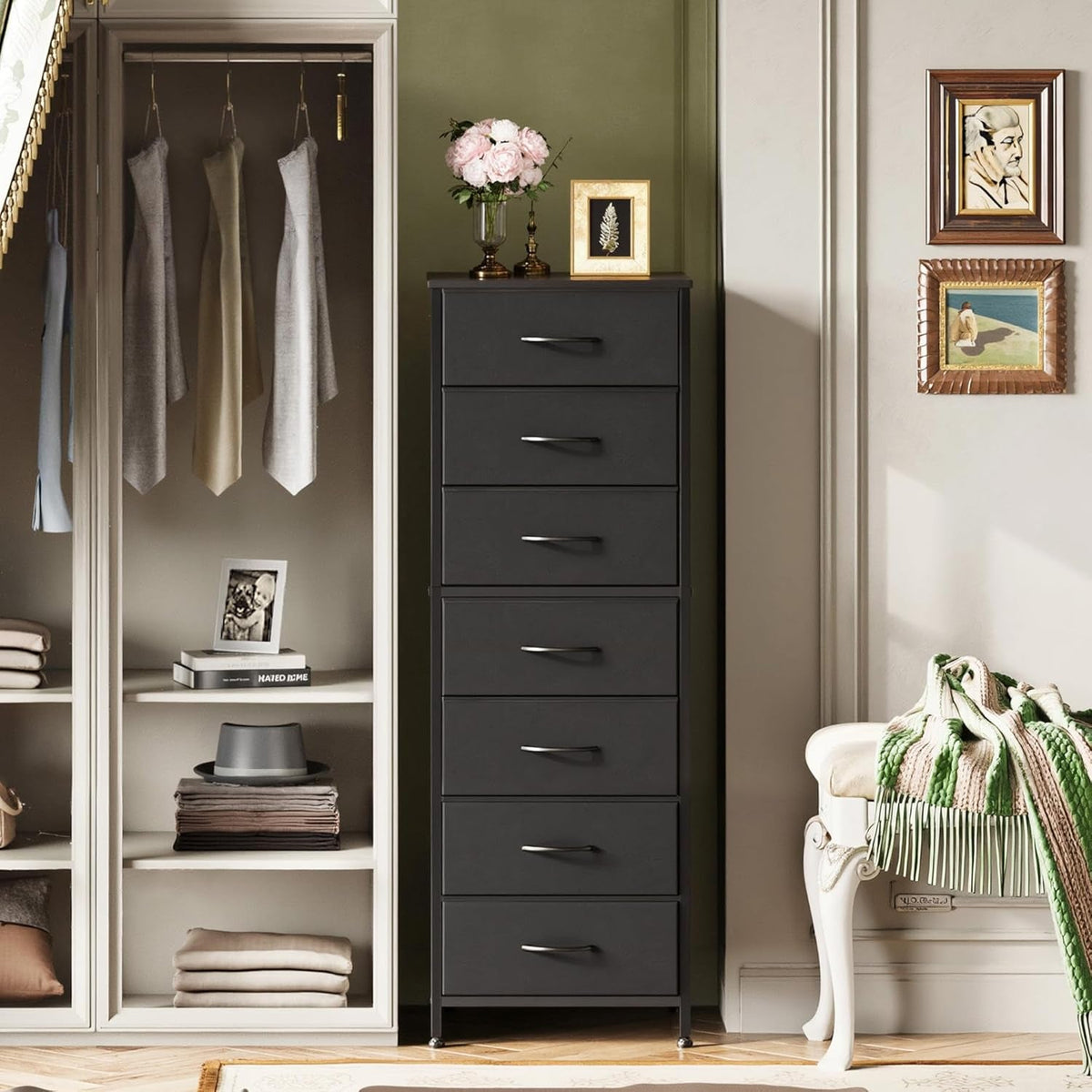 Black Extended Fabric Dresser Vertical Seven Drawers
