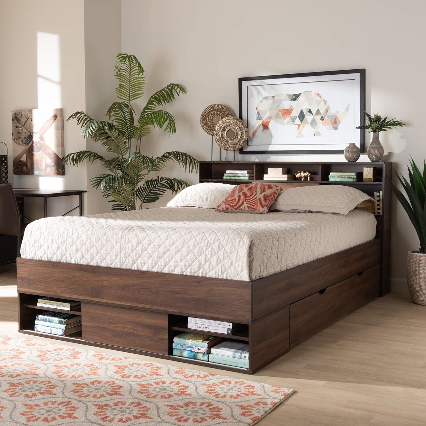 Queen Contemporary Platform Bed Dark Brown Storage