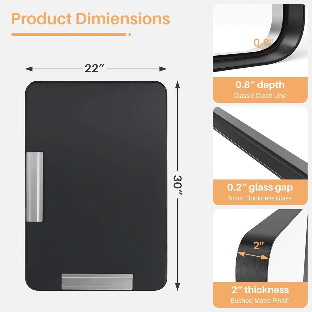 Matte Black Bathroom Mirror 30x22Inch Tempered Glass